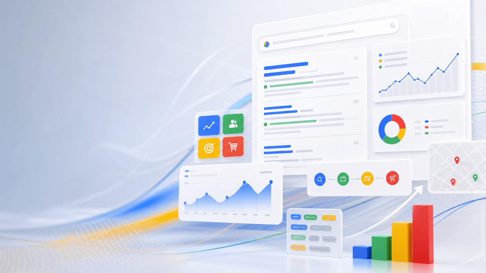 Absztrakt Google Ads kampánydashboard grafikonokkal és célzási elemekkel